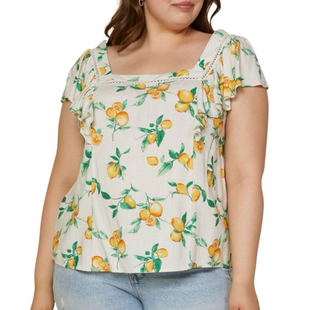 Lemon Print Women’s 3X Curvy Plus Ruffle Cottagecore Blouse Top  SKIES ARE‎ BLUE